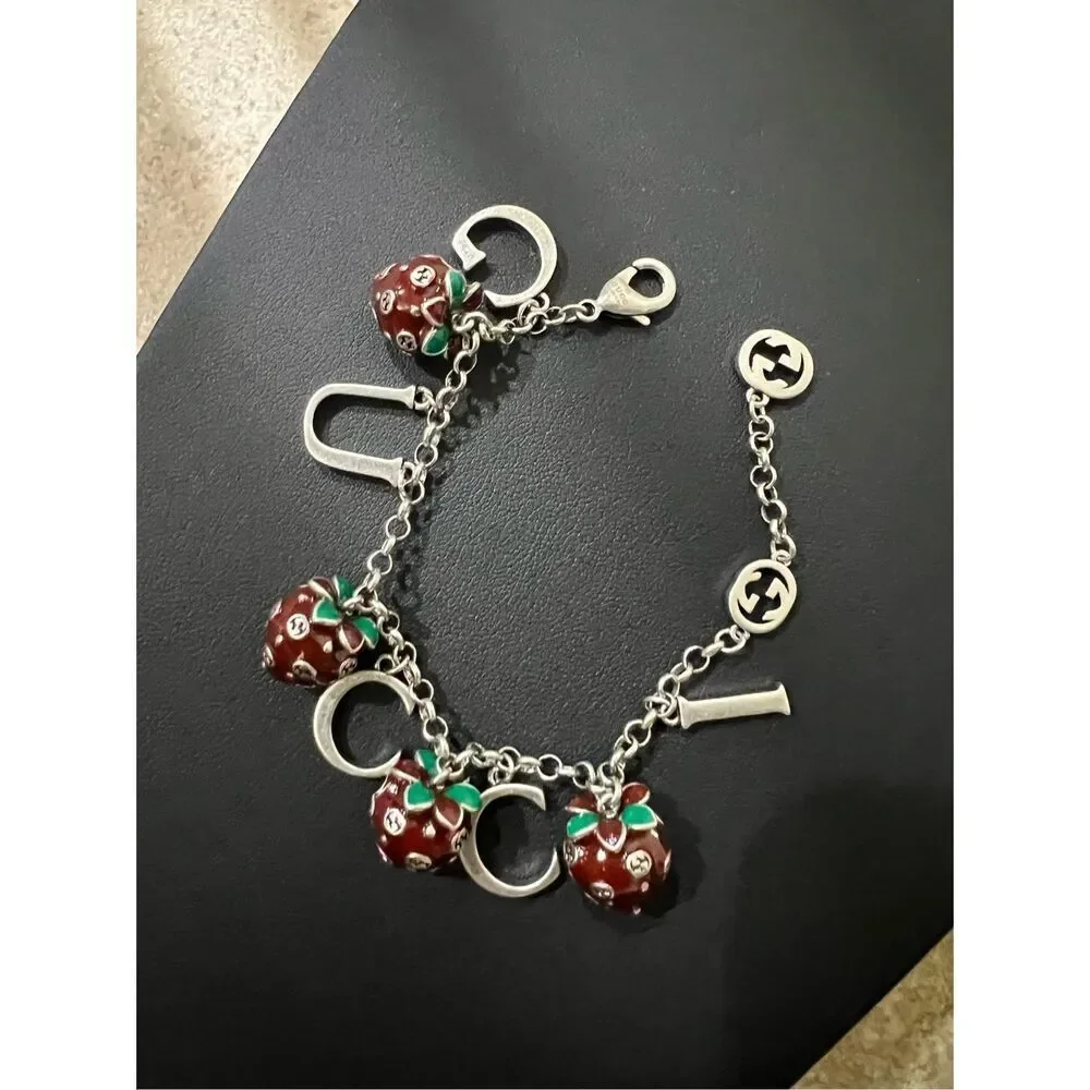 Gucci double g silver tone bracelet dangling gg strawberry - Picture 4 of 7